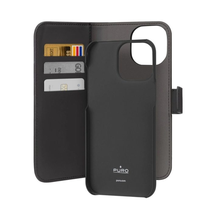 Puro Wallet nuimamas MagSafe 2in1 PU odos dėklas su atvartu ir pinigine skirtas iPhone 15 Pro - juodos spalvos