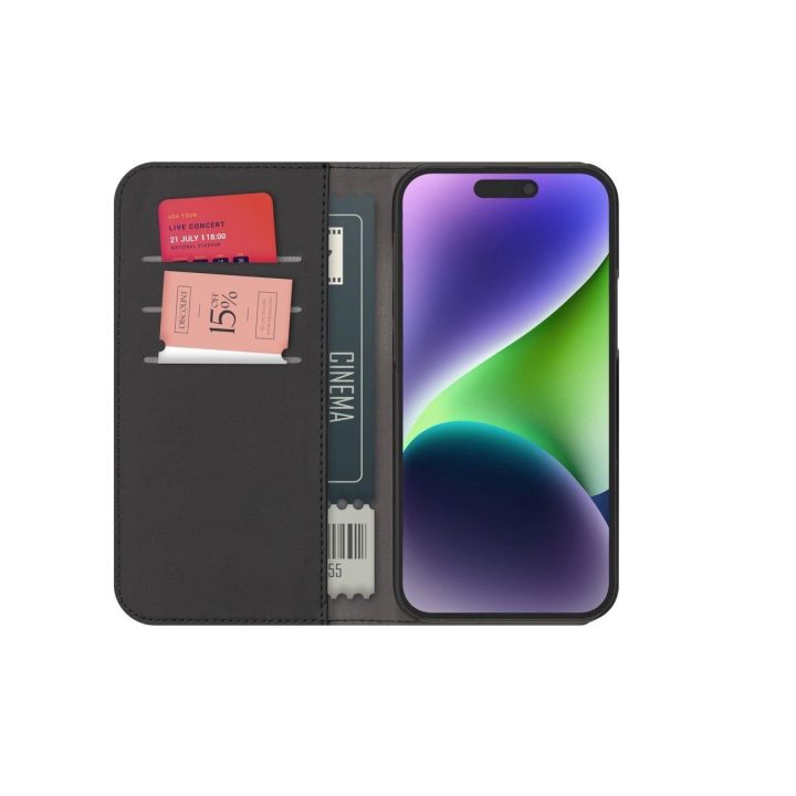 Puro Wallet nuimamas MagSafe 2 viename PU odos dėklas su užsegamu ir pinigine iPhone 15 Pro Max – juodas