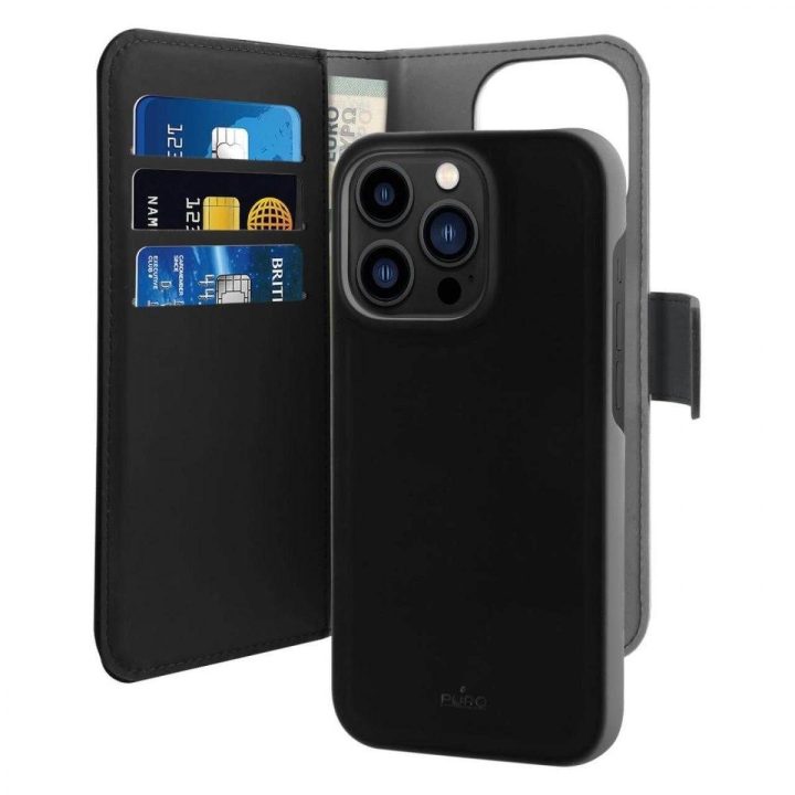 Puro Wallet“ nuimamas MagSafe 2in1“ PU odos dėklas su užlenkiama dalimi ir pinigine iPhone 14 Pro Max“ - juoda