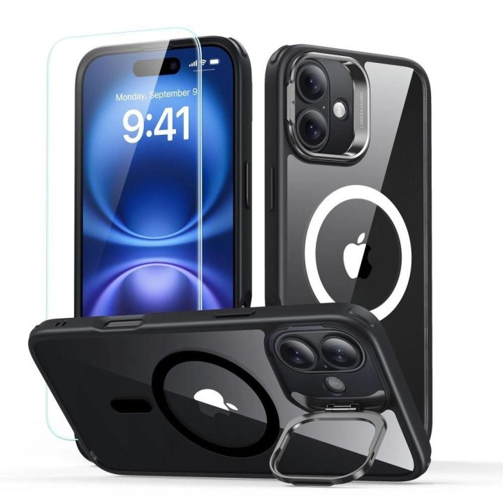 ESR Classic Hybrid Kickstand Halolock MagSafe dėklas su užgrūdintu stiklu iPhone 16“ – juodos spalvos