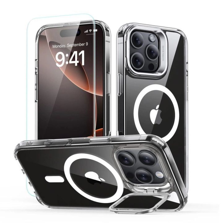 Dėklo Rinkinys su Stovu + Grūdintas Stiklas iPhone 16 Pro - Skaidrus