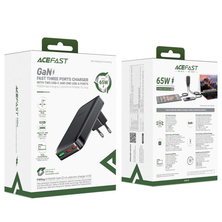65 W GaN 2 USB A itin plonas įkroviklis, juodas