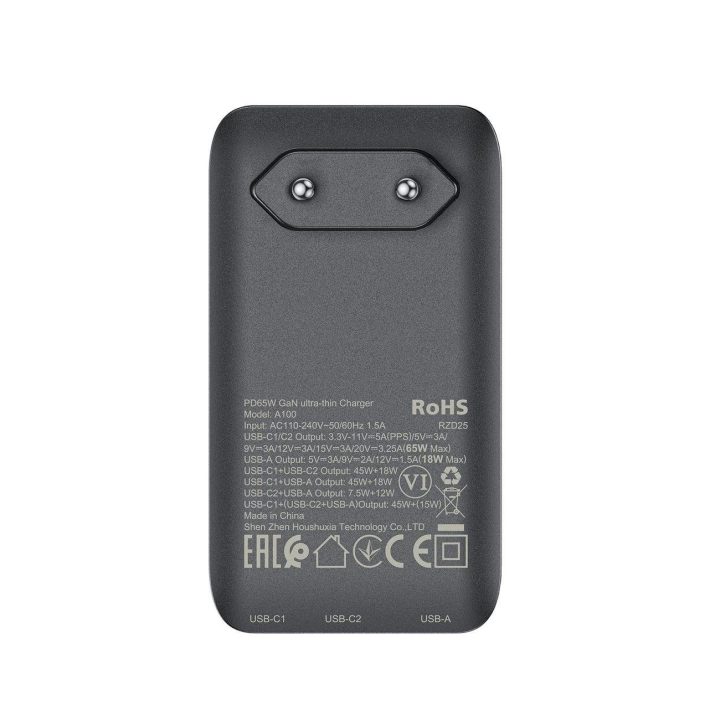 65 W GaN 2 USB A itin plonas įkroviklis, juodas