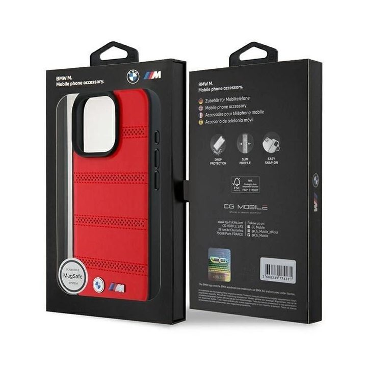 BMW M perforuotas ir susiūtas MagSafe dėklas iPhone 16 Pro“ – raudonas