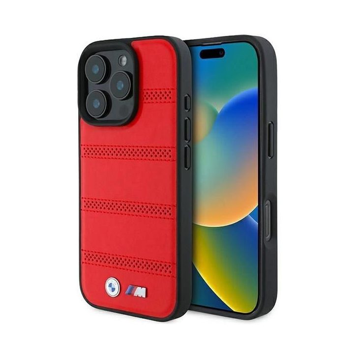 BMW M perforuotas ir susiūtas MagSafe dėklas iPhone 16 Pro“ – raudonas