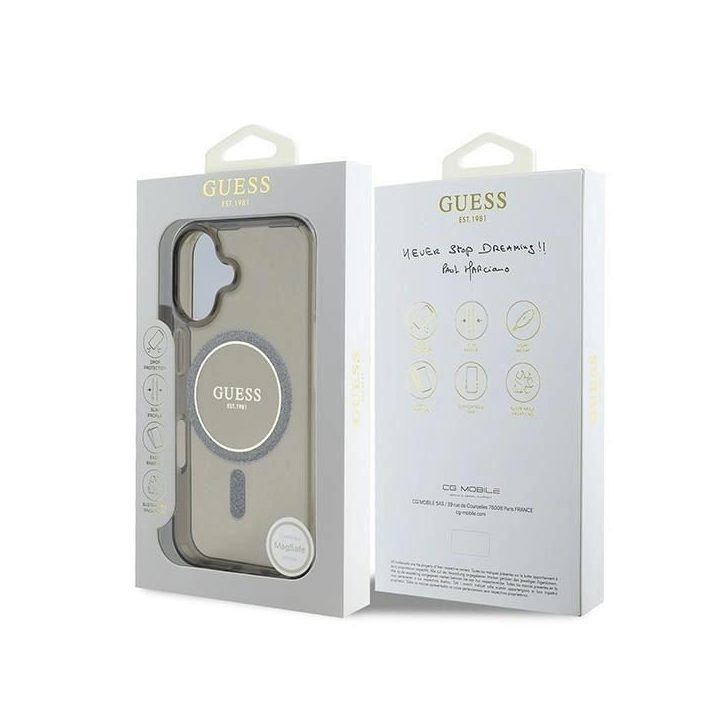 Guess IML Glitter Circle MagSafe dėklas iPhone 16 – juodas