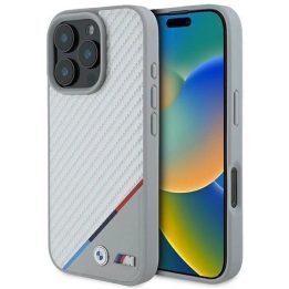 BMW M Carbon Tricolor Line MagSafe dėklas iPhone 16 Pro“ – pilkas