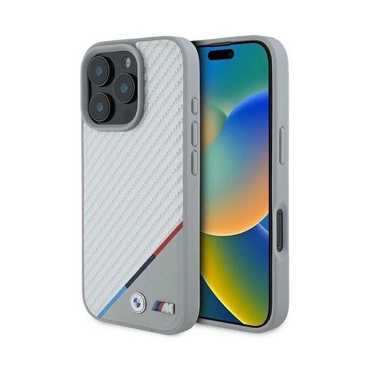 BMW M Carbon Tricolor Line MagSafe dėklas iPhone 16 Pro“ – pilkas