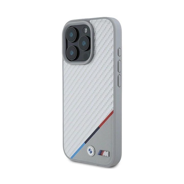 BMW M Carbon Tricolor Line MagSafe dėklas iPhone 16 Pro“ – pilkas