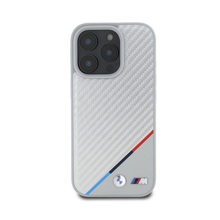 BMW M Carbon Tricolor Line MagSafe dėklas iPhone 16 Pro“ – pilkas