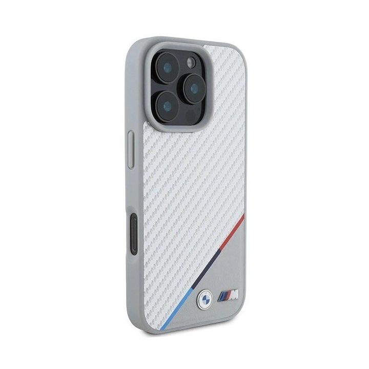 BMW M Carbon Tricolor Line MagSafe dėklas iPhone 16 Pro“ – pilkas