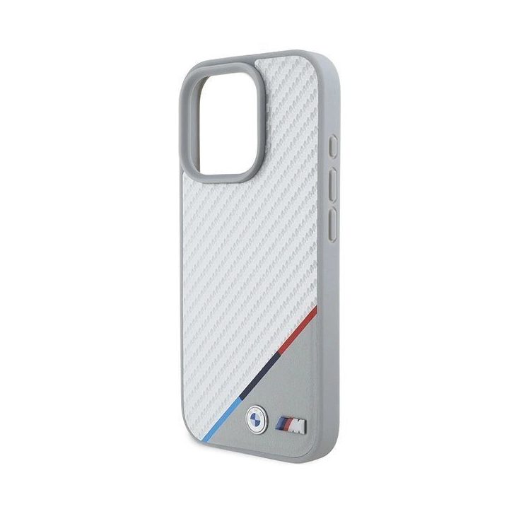 BMW M Carbon Tricolor Line MagSafe dėklas iPhone 16 Pro“ – pilkas