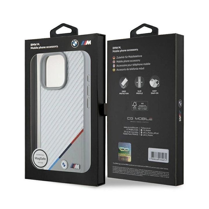BMW M Carbon Tricolor Line MagSafe dėklas iPhone 16 Pro“ – pilkas