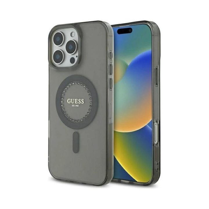Guess IML Rhinestones MagSafe dėklas iPhone 16 Pro Max su magnetu - juodas
