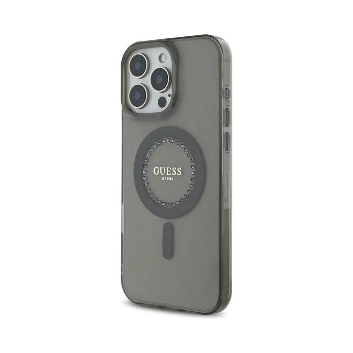 Guess IML Rhinestones MagSafe dėklas iPhone 16 Pro Max su magnetu - juodas