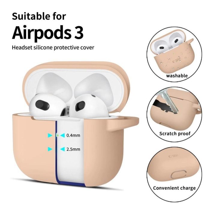 silikoninis dėkliukas su kabliuku Apple AirPods 3“ ausinėms – smėlio spalvos