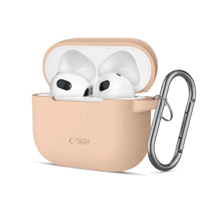 silikoninis dėkliukas su kabliuku Apple AirPods 3“ ausinėms – smėlio spalvos