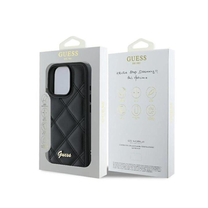 Guess Quilted Metal Logo iPhone 16 Pro dėklas - juodas