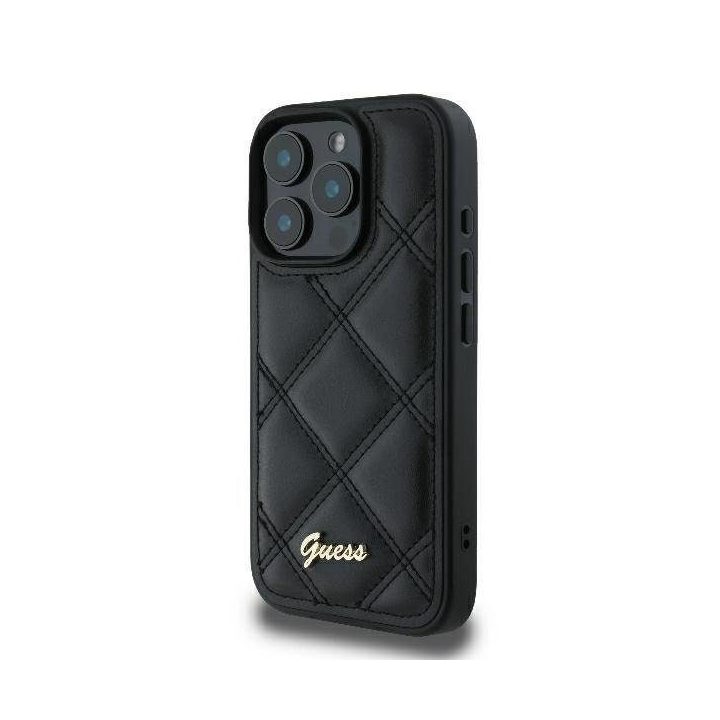 Guess Quilted Metal Logo iPhone 16 Pro dėklas - juodas
