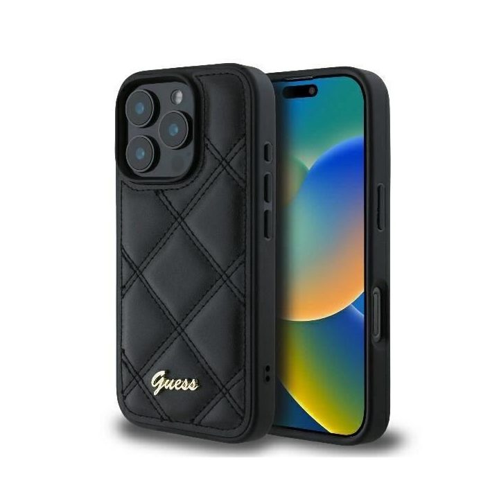Guess Quilted Metal Logo iPhone 16 Pro dėklas - juodas