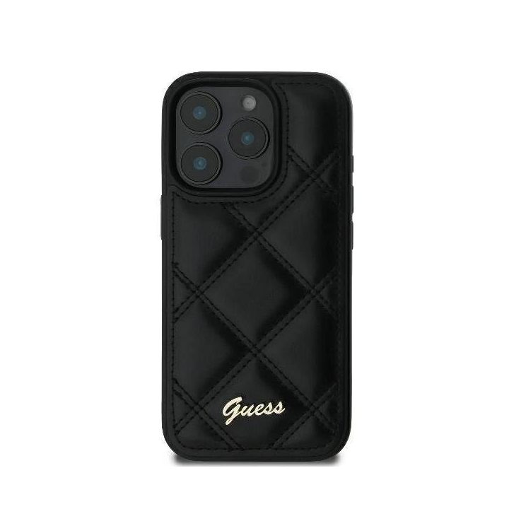 Guess Quilted Metal Logo iPhone 16 Pro dėklas - juodas