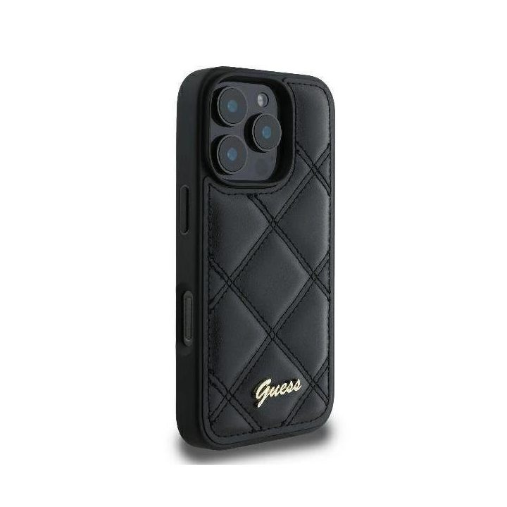 Guess Quilted Metal Logo iPhone 16 Pro dėklas - juodas