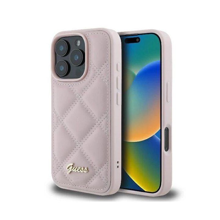 Guess Quilted Metal Logo iPhone 16 Pro dėklas - rožinis