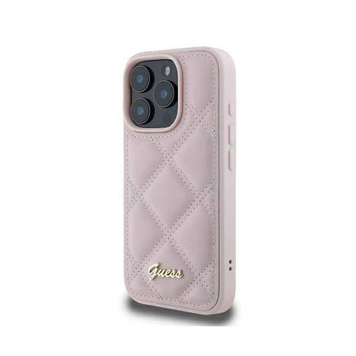 Guess Quilted Metal Logo iPhone 16 Pro dėklas - rožinis