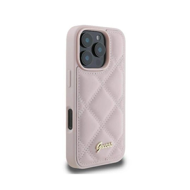 Guess Quilted Metal Logo iPhone 16 Pro dėklas - rožinis