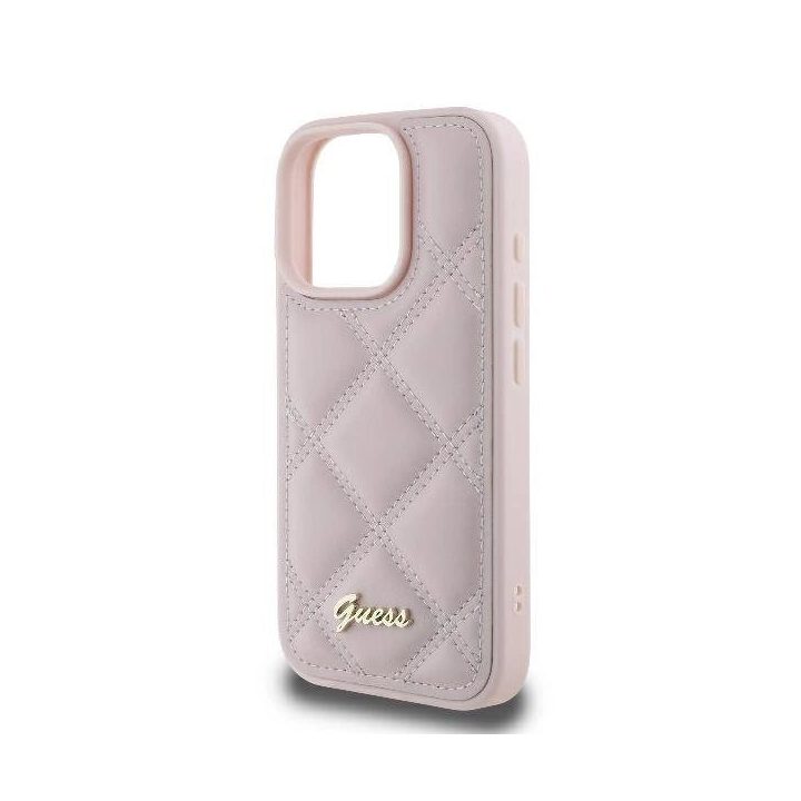 Guess Quilted Metal Logo iPhone 16 Pro dėklas - rožinis