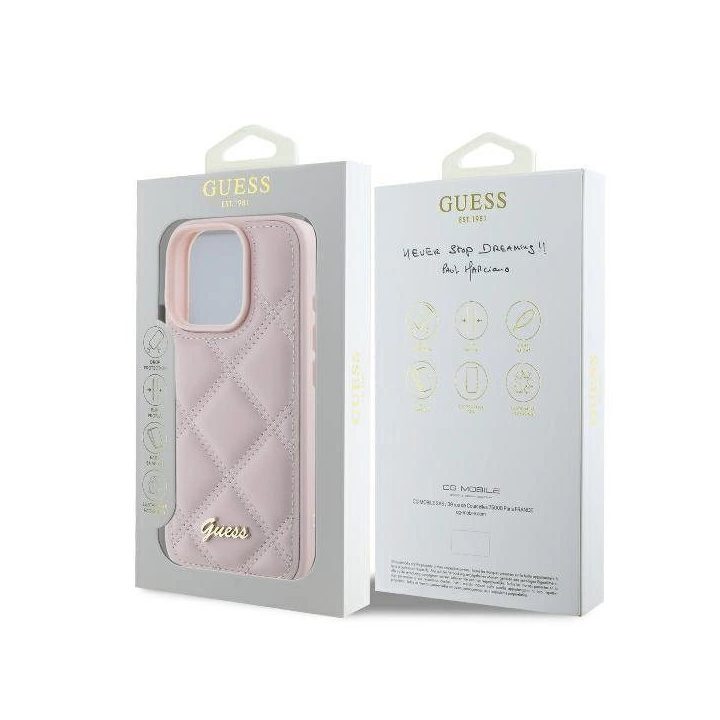 Guess Quilted Metal Logo iPhone 16 Pro dėklas - rožinis