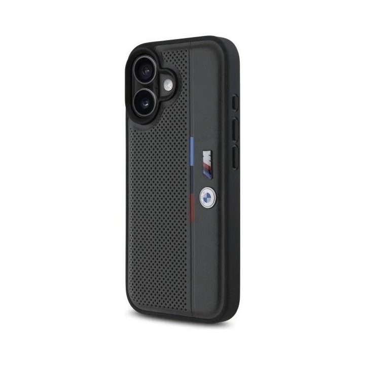 BMW M Perforuota trispalvė detalės linija iPhone 16“ dėklas – tamsiai pilkas