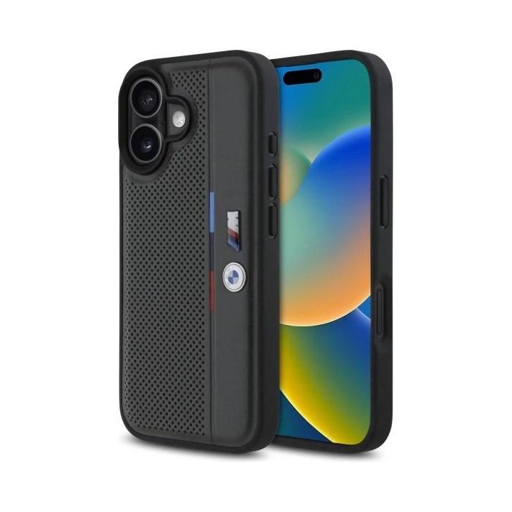 BMW M Perforuota trispalvė detalės linija iPhone 16“ dėklas – tamsiai pilkas