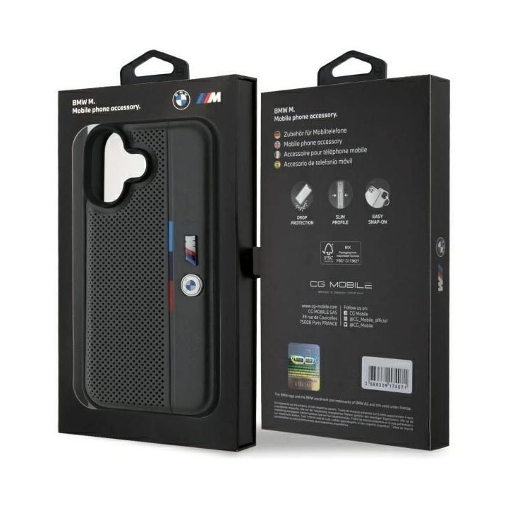 BMW M Perforuota trispalvė detalės linija iPhone 16“ dėklas – tamsiai pilkas