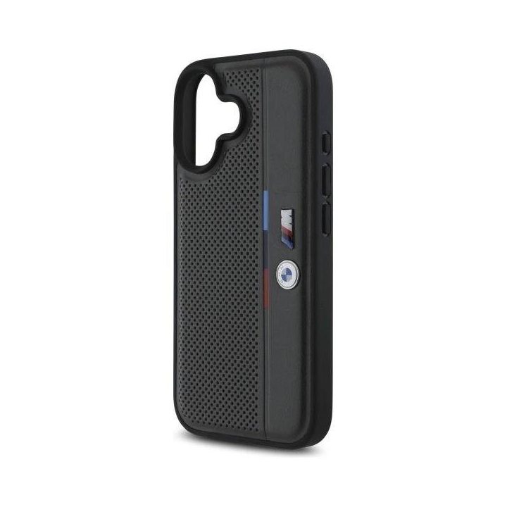 BMW M Perforuota trispalvė detalės linija iPhone 16“ dėklas – tamsiai pilkas