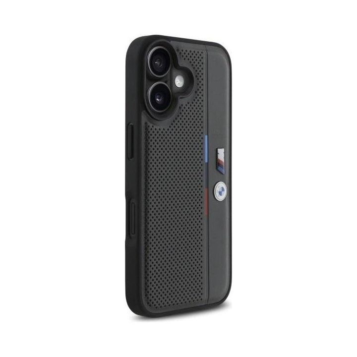 BMW M Perforuota trispalvė detalės linija iPhone 16“ dėklas – tamsiai pilkas