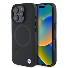 BMW odinis dėklas su pusiau reljefiniu paviršiumi ir MagSafe žiedu iPhone 16 Pro - juodas