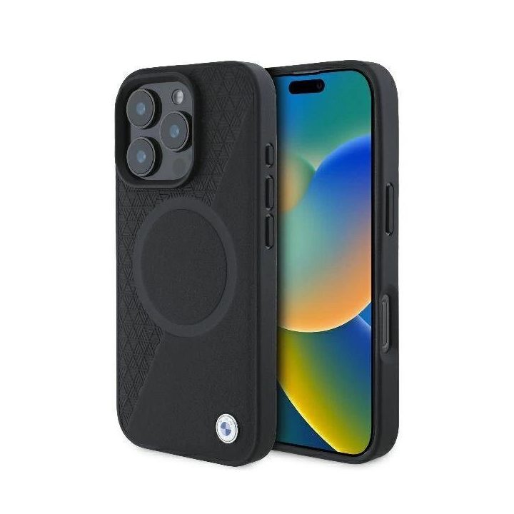 BMW odinis dėklas su pusiau reljefiniu paviršiumi ir MagSafe žiedu iPhone 16 Pro - juodas