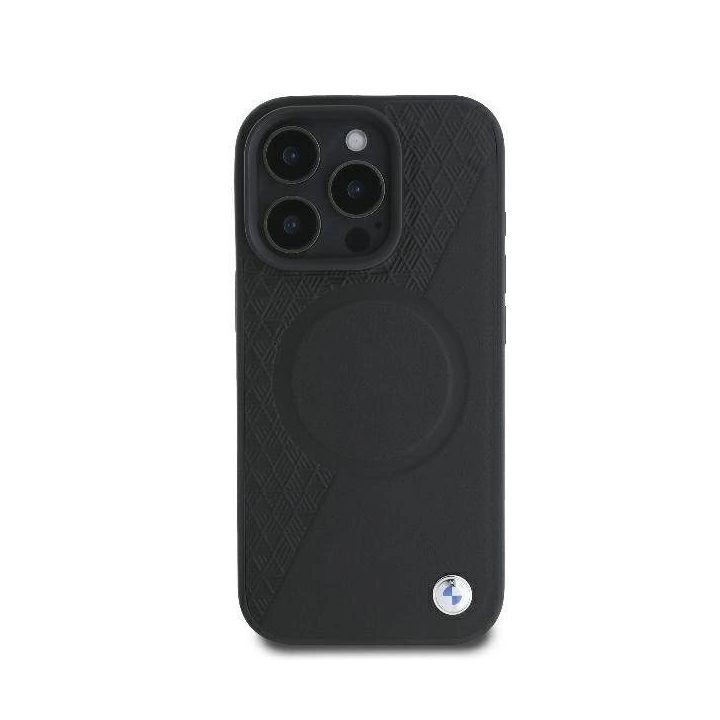 BMW odinis dėklas su pusiau reljefiniu paviršiumi ir MagSafe žiedu iPhone 16 Pro - juodas