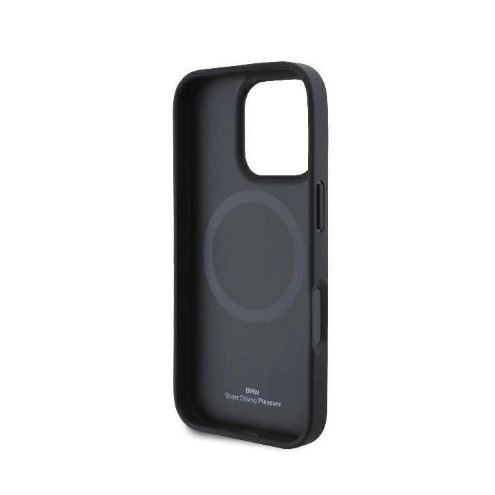 BMW odinis dėklas su pusiau reljefiniu paviršiumi ir MagSafe žiedu iPhone 16 Pro - juodas