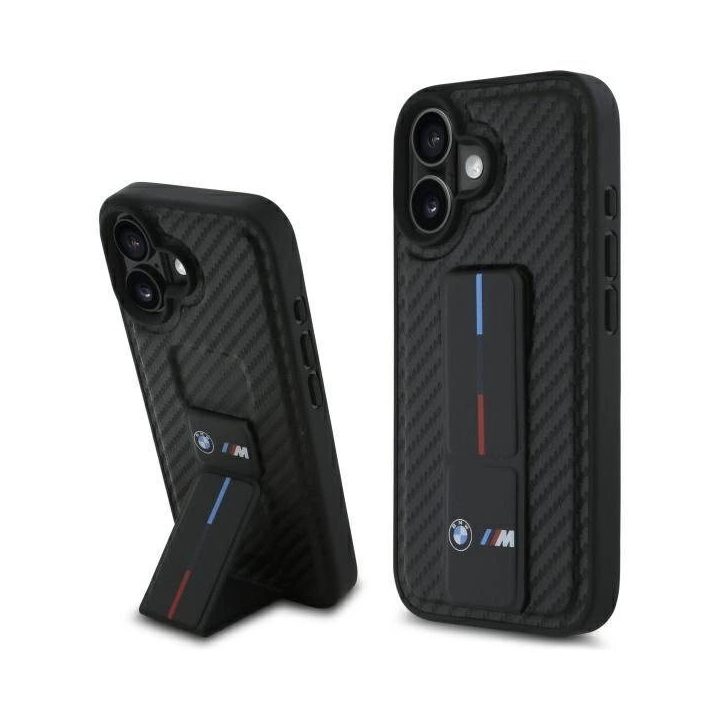 BMW M Grip Smooth ir Carbon dėklas iPhone 16 telefonui - juodos spalvos