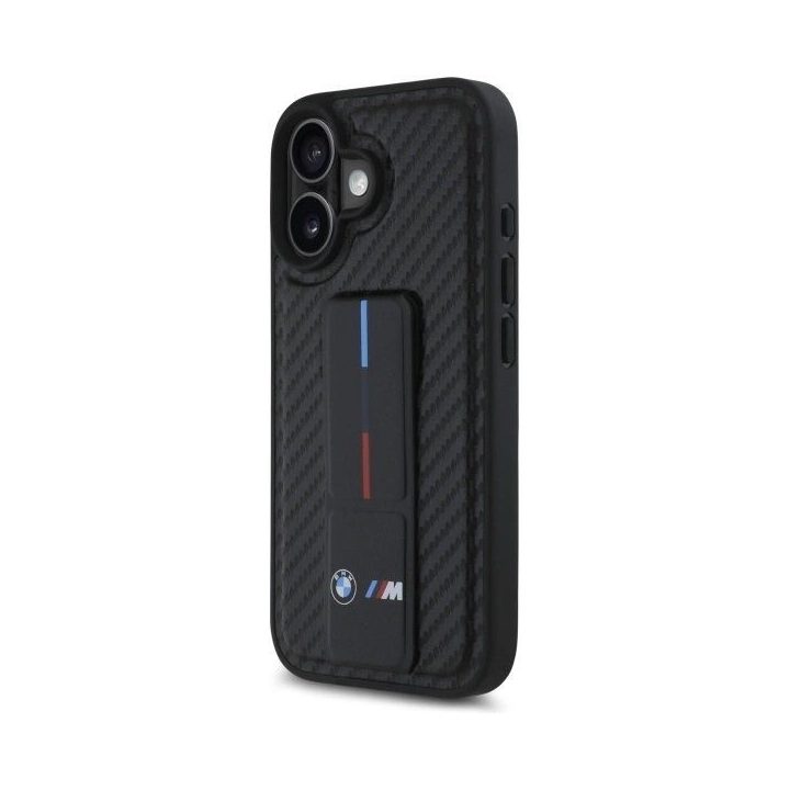 BMW M Grip Smooth ir Carbon dėklas iPhone 16 telefonui - juodos spalvos