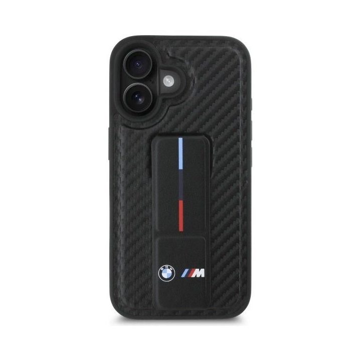 BMW M Grip Smooth ir Carbon dėklas iPhone 16 telefonui - juodos spalvos