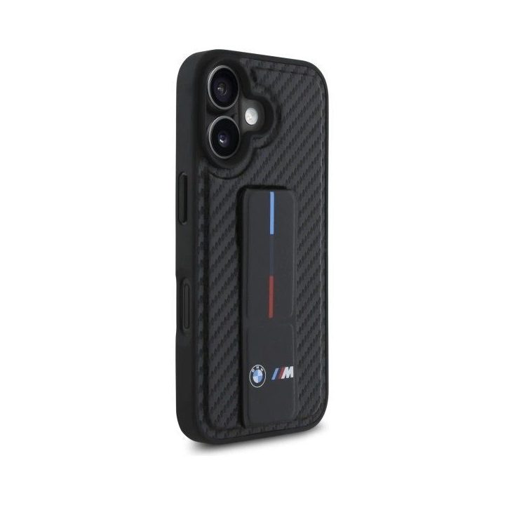 BMW M Grip Smooth ir Carbon dėklas iPhone 16 telefonui - juodos spalvos