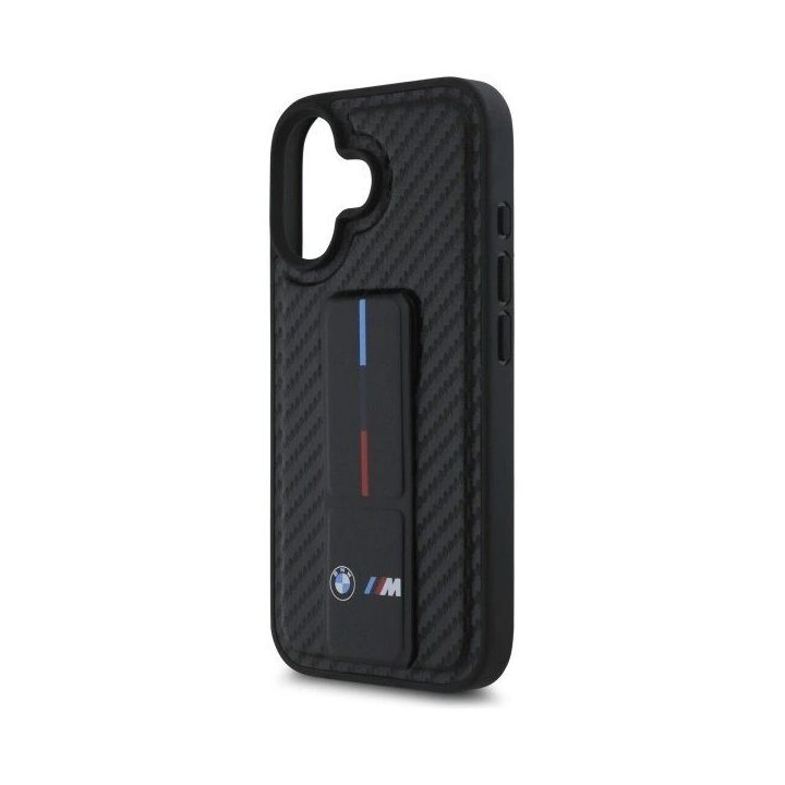 BMW M Grip Smooth ir Carbon dėklas iPhone 16 telefonui - juodos spalvos