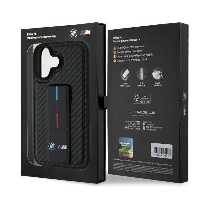 BMW M Grip Smooth ir Carbon dėklas iPhone 16 telefonui - juodos spalvos