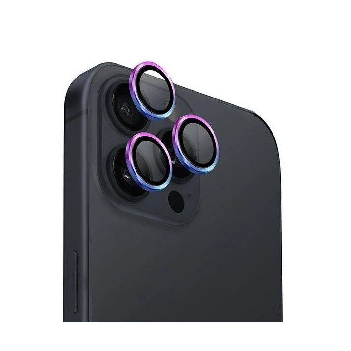 aliuminio kameros objektyvo apsauga iPhone 16 Pro 6,3“ / 16 Pro Max 6,9“ su vaivorykštės spalvų kameros lęšio stiklu ir aplikato