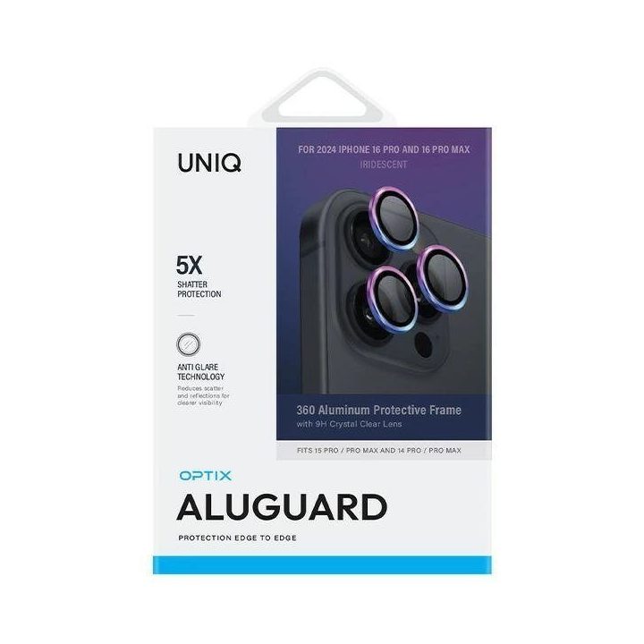aliuminio kameros objektyvo apsauga iPhone 16 Pro 6,3“ / 16 Pro Max 6,9“ su vaivorykštės spalvų kameros lęšio stiklu ir aplikato