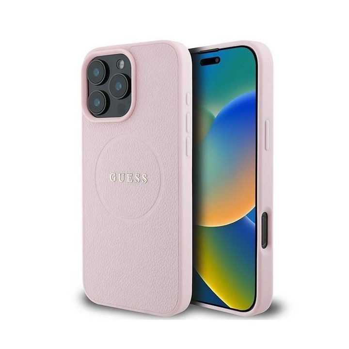 Guess Grained Ring MagSafe“ iPhone 16 Pro“ dėklas – rožinis