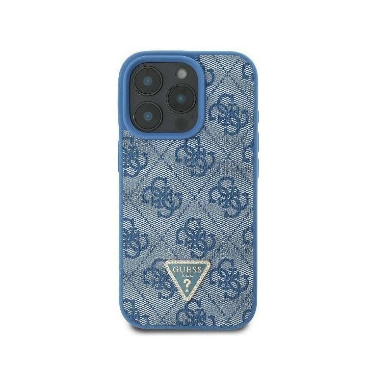 Guess odos ir metalo logotipo blizgučių kryžminis dėklas iPhone 16 - mėlynas
